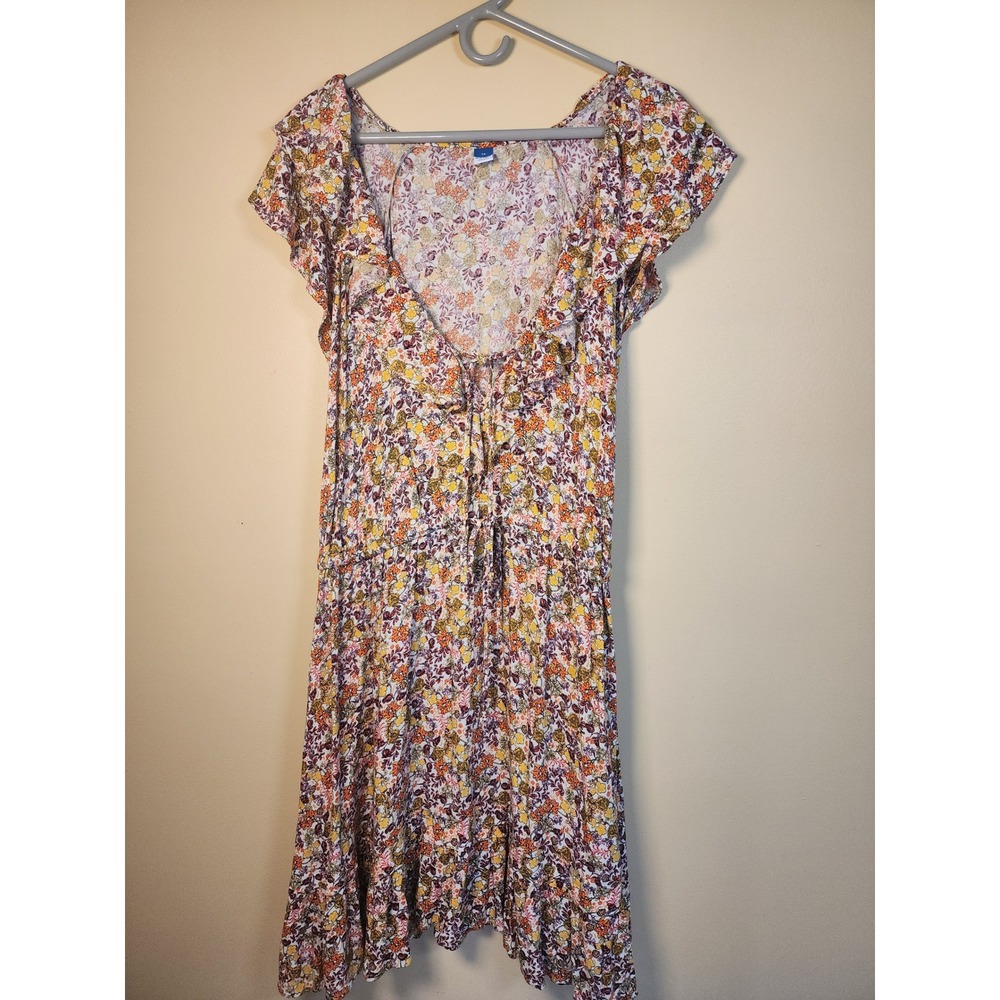 Boho Ditsy Floral Tiered Dress Ruffle Short Sleeve Cottagecore Mustard Mini 2XL